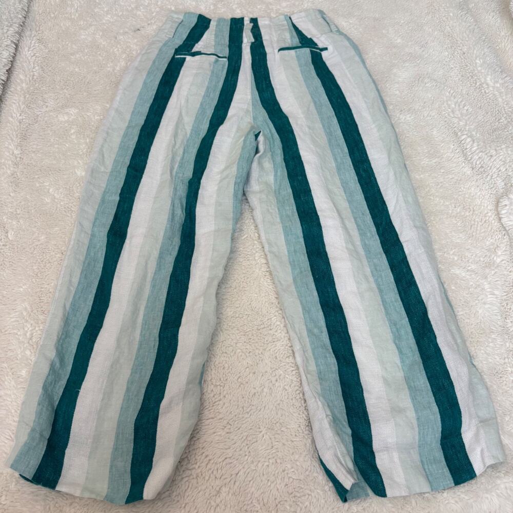 J.Crew Women Green White Striped Linen Wide Leg Pants 2 Resort Summer Boho Indie - Picture 3 of 7